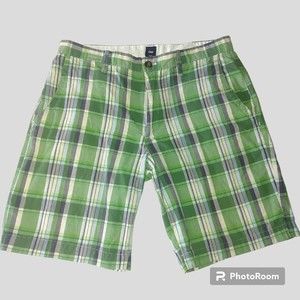 Gap Men's Shorts Size 34 Green & White Plaid Pockets Light-Weight 100% Cotton